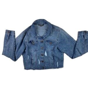 VIP Size Xl Womens Denim Jean Jacket Distressed Button Front Med Wash
